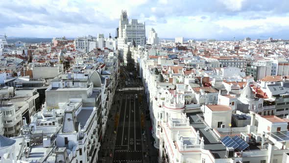 Aerial Shot of Madrid with Housing Areas and Gran Via Street Spain