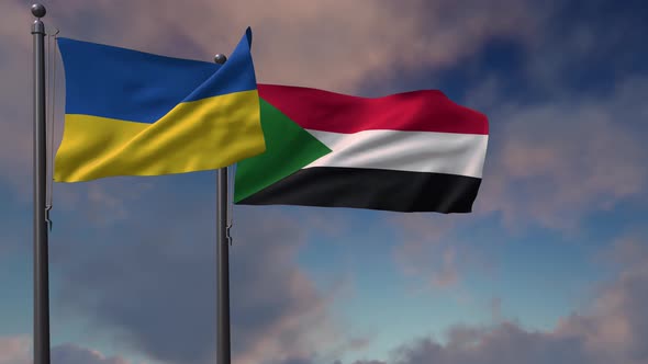 Sudan Flag Waving Along With The National Flag Of The Ukraine - 4K