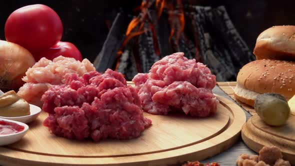 Fresh Raw Ingredients for Homemade Burger Chicken Beef and Pork Minced Meat