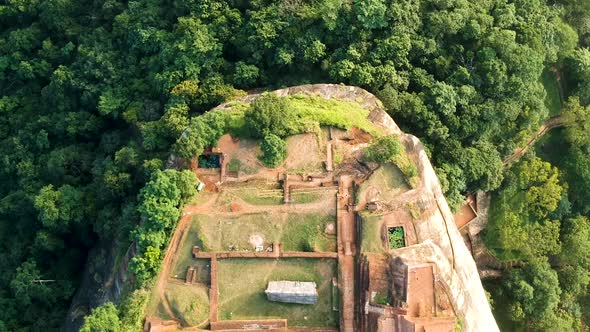 Aerial over lion rock, Sigariya rock fortress. Dambulla, Sri Lanka