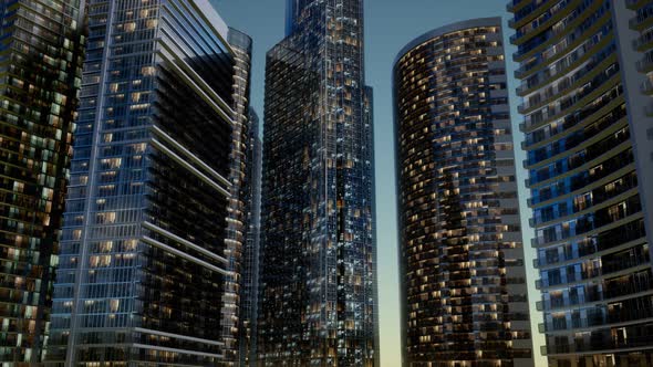 City Skyscrapers at Night with Dark Sky