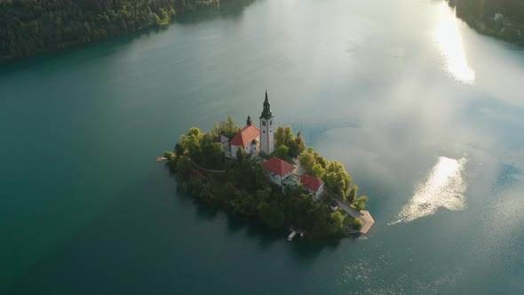 Drone Flight Over Island On Lake Bled