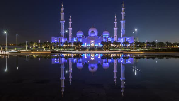 Sheikh Zayed Grand Mosque Illuminated at Night Timelapse Abu Dhabi UAE