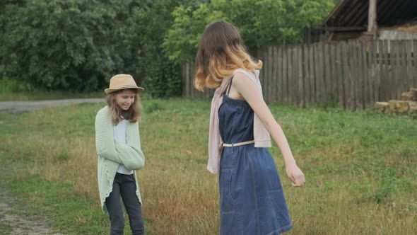 Two Girls Sisters Playing in Nature, Rustic Style, Laughing Children