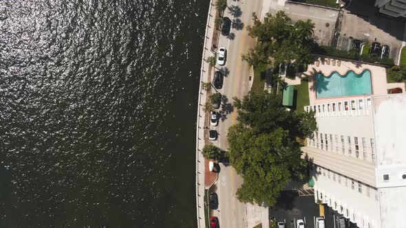 Aerial top down view of Miami palm trees road on waterfront with cyclist 4K