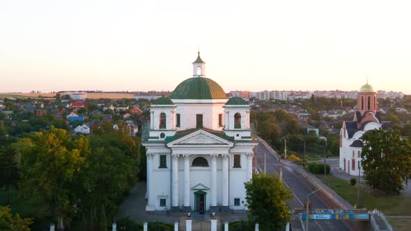 Old Greek Catholic Church, Dolly Zoom Effect. Small European City, Kiev Region, Ukraine