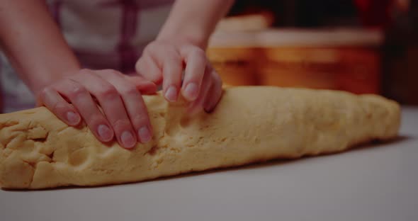 Woman Kneading Dough Making Bread Using Traditional Recipe