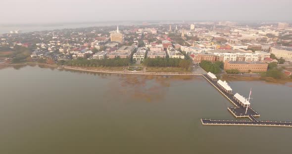 High Aerial View over Waterfront Park Pineapple Fountain in Downtown Charleston, SC