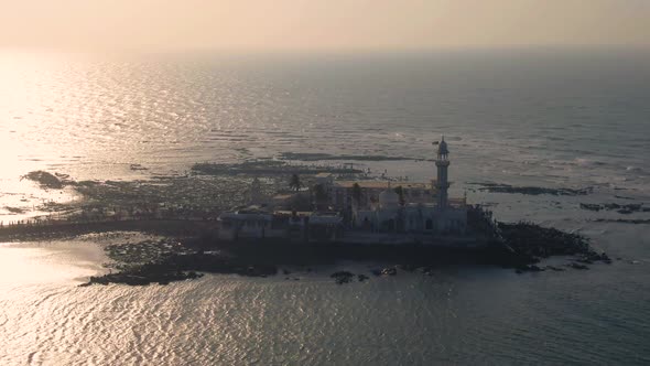 Mumbai, India, Haji Ali Dargah mosque 4k aerial drone footage sunset time