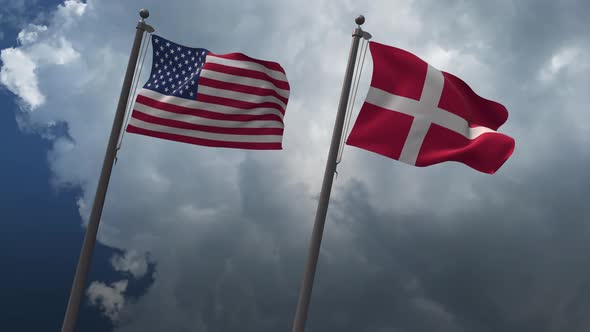 Waving Flags Of The United States And The Denmark 4K