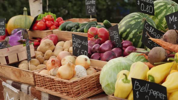 Fresh Healthy Vegetables and Fruits Set at Farmers Market, Close-up