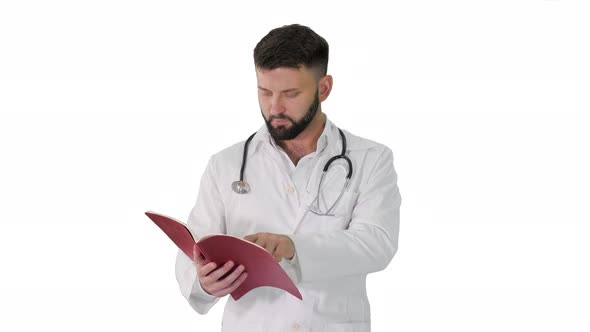 Doctor Reading a Book or a Journal While Walking on White Background.