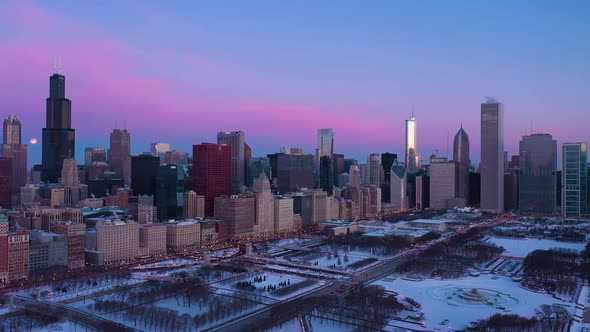 Urban Skyline of Chicago in Morning Blue Hour in Winter