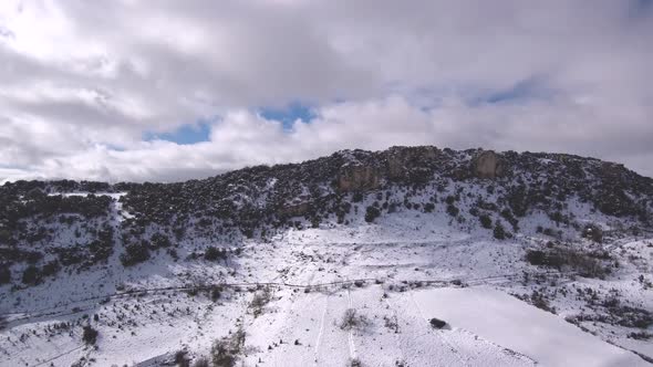 This is a footage from a drone, aerial in Snow, Mountain Spain Europe.