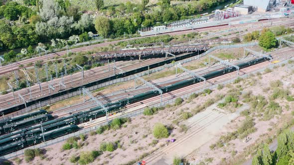 Descending drone shot of great western train