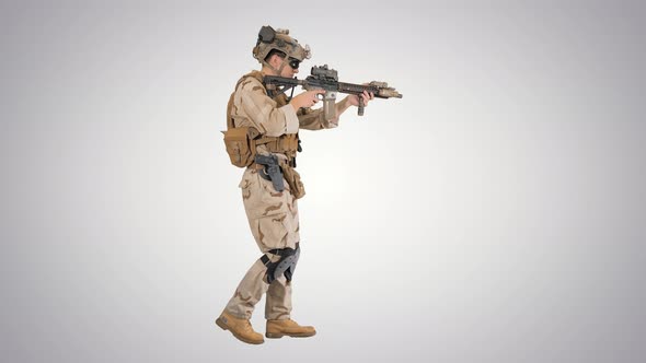 Soldier Walking and Reloading Assault Rifle on Gradient Background.