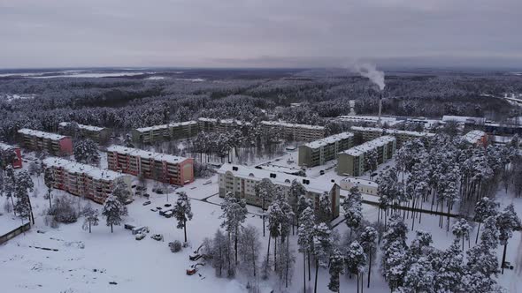 Aerial view of small town with turkish low-rise vintage buildings on winter