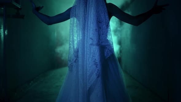 Dead Zombie Woman Scaring in Dark Corridor Closeup