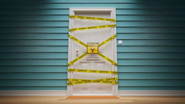 Zoom in on a yellow warning sign on the door protected by tape. Quarantine zone.