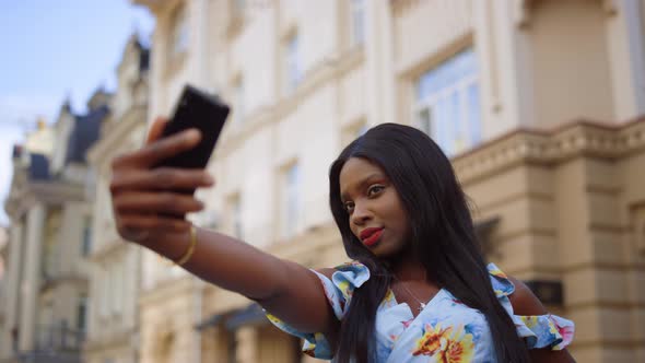 Charming Afro Girl Posing Phone Camera Street