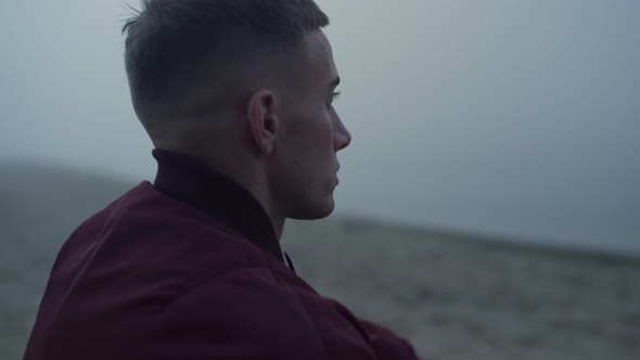 Stressed Guy Looking Ocean Landscape in Morning