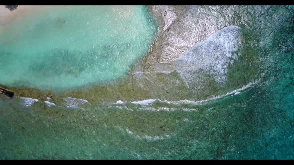 Aerial above landscape of paradise island beach time by transparent ocean with white sand background