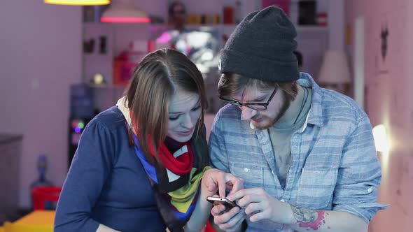 Man Woman Watching Photos in Mobile Phone, Smiling Laughing