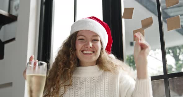 Cheerful pretty woman wearing hat having video call celebrating Christmas online