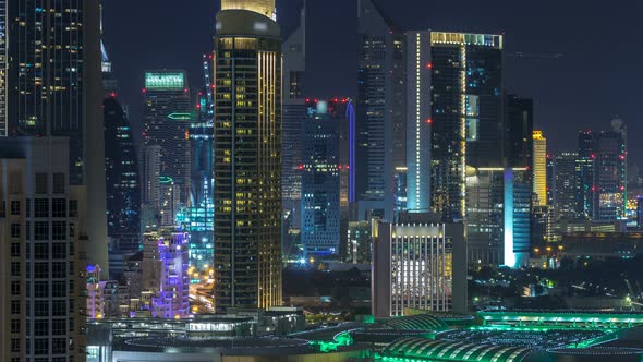 Aerial Cityscape Timelapse at Night with Illuminated Modern Architecture in Downtown of Dubai United