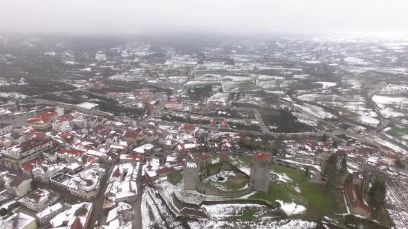 Fly Above City of Montalegre at Snow Day, Portugal