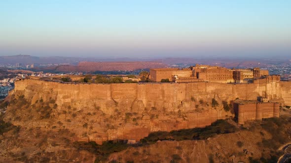 Golden hour aerial view of Mehrangarh Fort at sunrise. Jodhpur, Rajasthan, India