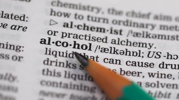 Alcohol Word Pointed in English Dictionary Harmful Addiction to Spirit Beverages