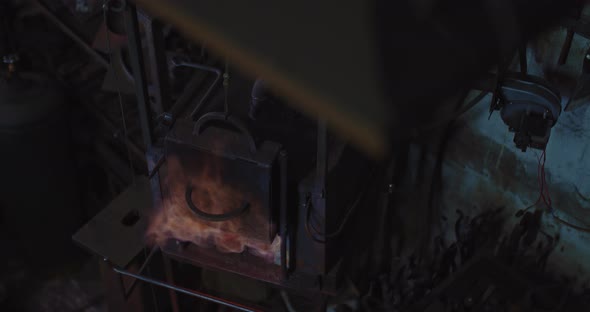 Burning Gas Furnace in Forge Flame Bursts Out Process of Heating Metal Billets  Prores