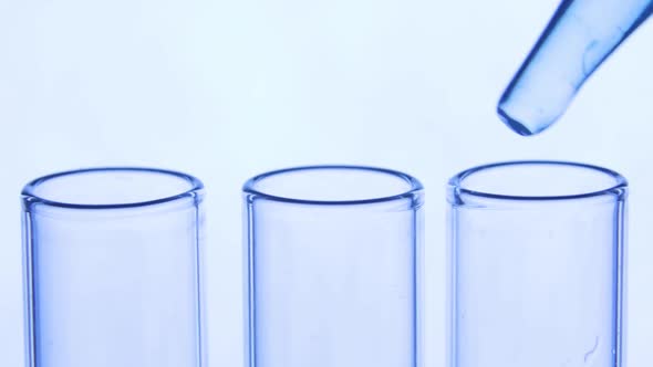 Pipette Drips Transparent Blue Chemicals Into a Three Test Tubes. Chemical and Medicine Concept