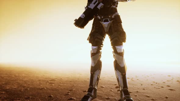 Futuristic Soldier in Desert at Sandstorm