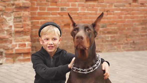 Happy Street Homeless Boy Is Playing with Dog