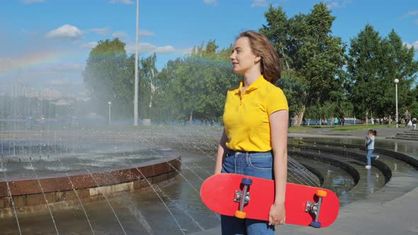 Cheerful Young Girl with Skateboard in a City Park