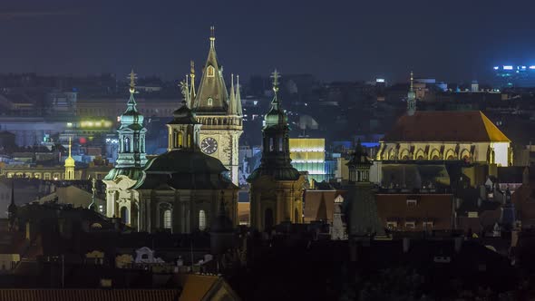 Prague Night Timelapse Fantastic Old Town Roofs During Twilight with Towers and Night Illumination