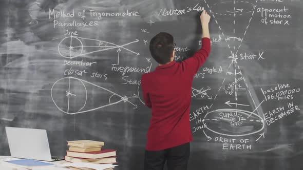 Young Astronomer Making Calculations on Chalkboard