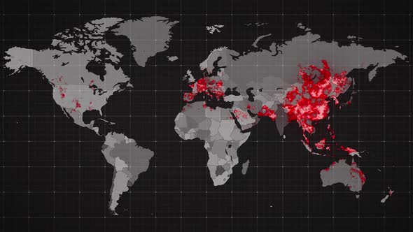 Animation of the world map and countries turning red through circles in a dark background