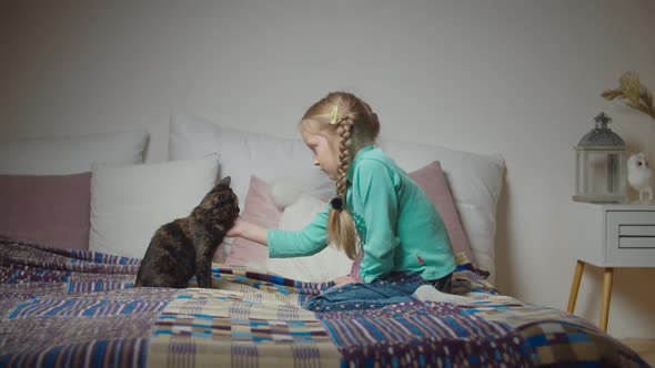 Caring Little Girl Petting and Playing with Cat on Bed