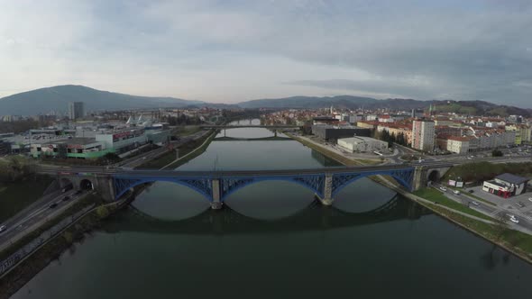 Aerial view of the bridges over Drava River, Maribor