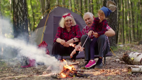 Senior Grandmother Grandfather with Granddaughter Cooking Frying Sausages Over Campfire in Wood