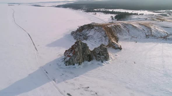 Aerial View on Shamanka Rock on Olkhon Island in the Morning