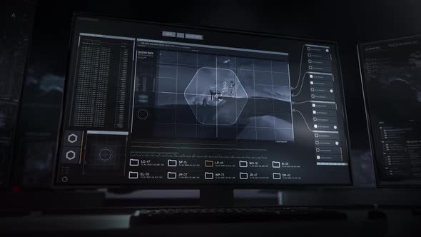 Accessing footage of a German oil platform. Displaying data on the screen. UI alt