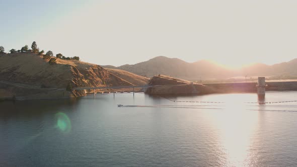 Aerial Drone Tracking Shot of Boat on a Beautiful California Mountain Lake (Lake Kaweah, Visalia CA)