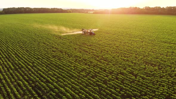 Aerial View of Farming Tractor Spraying on Field with Sprayer Herbicides and Pesticides at Sunset