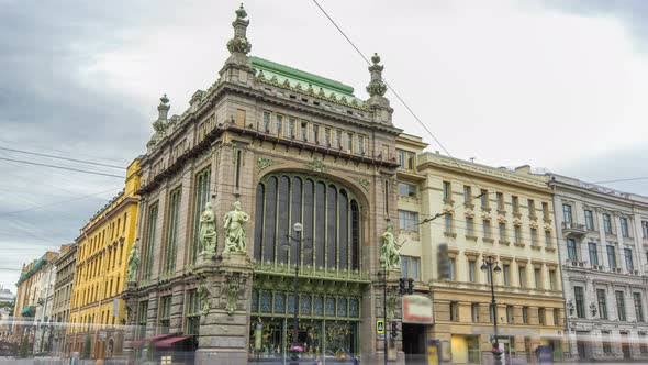 Traffic on Nevsky Prospect Near Eliseevsky Store Timelapse Hyperlapse  the Comedy Theatre of N