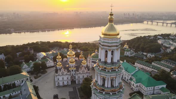 Kyiv-Pechersk Lavra in the Morning at Sunrise. Ukraine. Aerial View