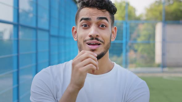 Young Arabic Man Make Gesture Raises Finger Came Up with Creative Plan Feels Excited with Good Idea